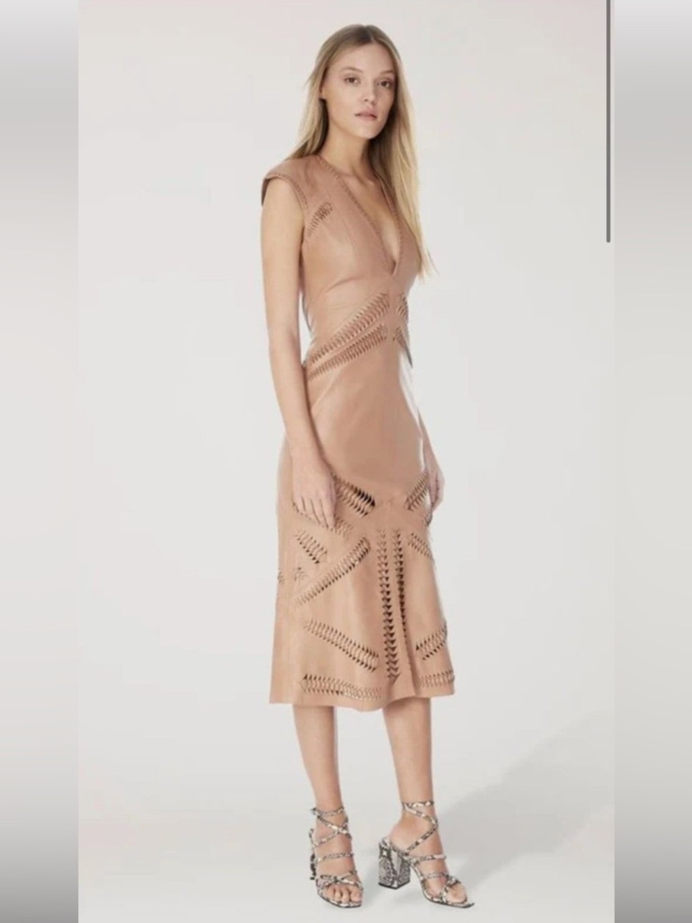 Animale Leather Tan Laser-Cut Midi Dress. Size 40